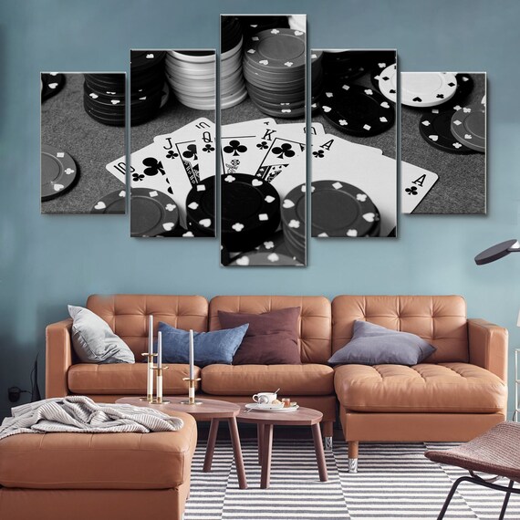 Set of 5 Black White Wall Pictures Split Canvas Art Prints Poker 5048 