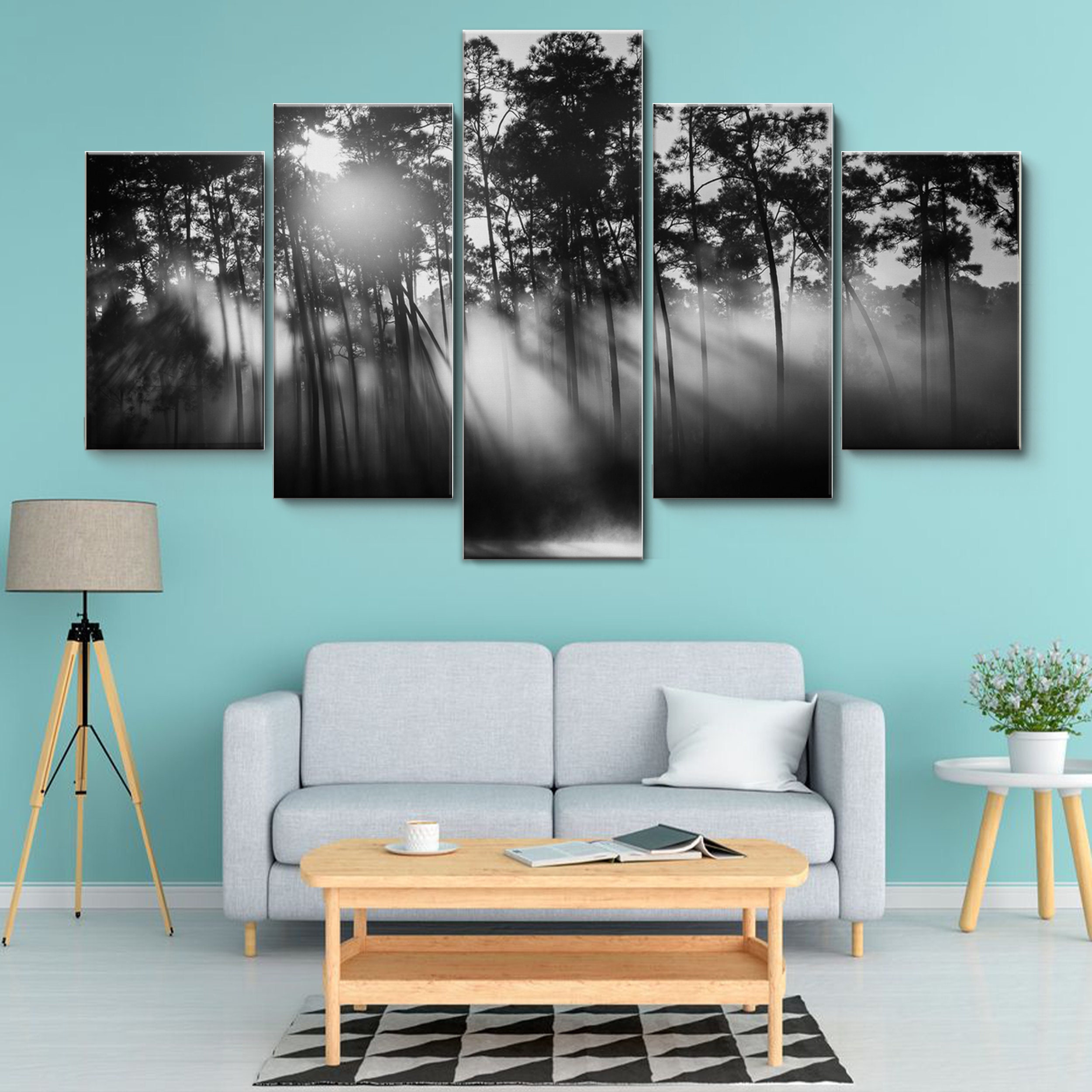 The Sun Rays Forest 5 Pieces Canvas Wall Art, Large Framed Wall