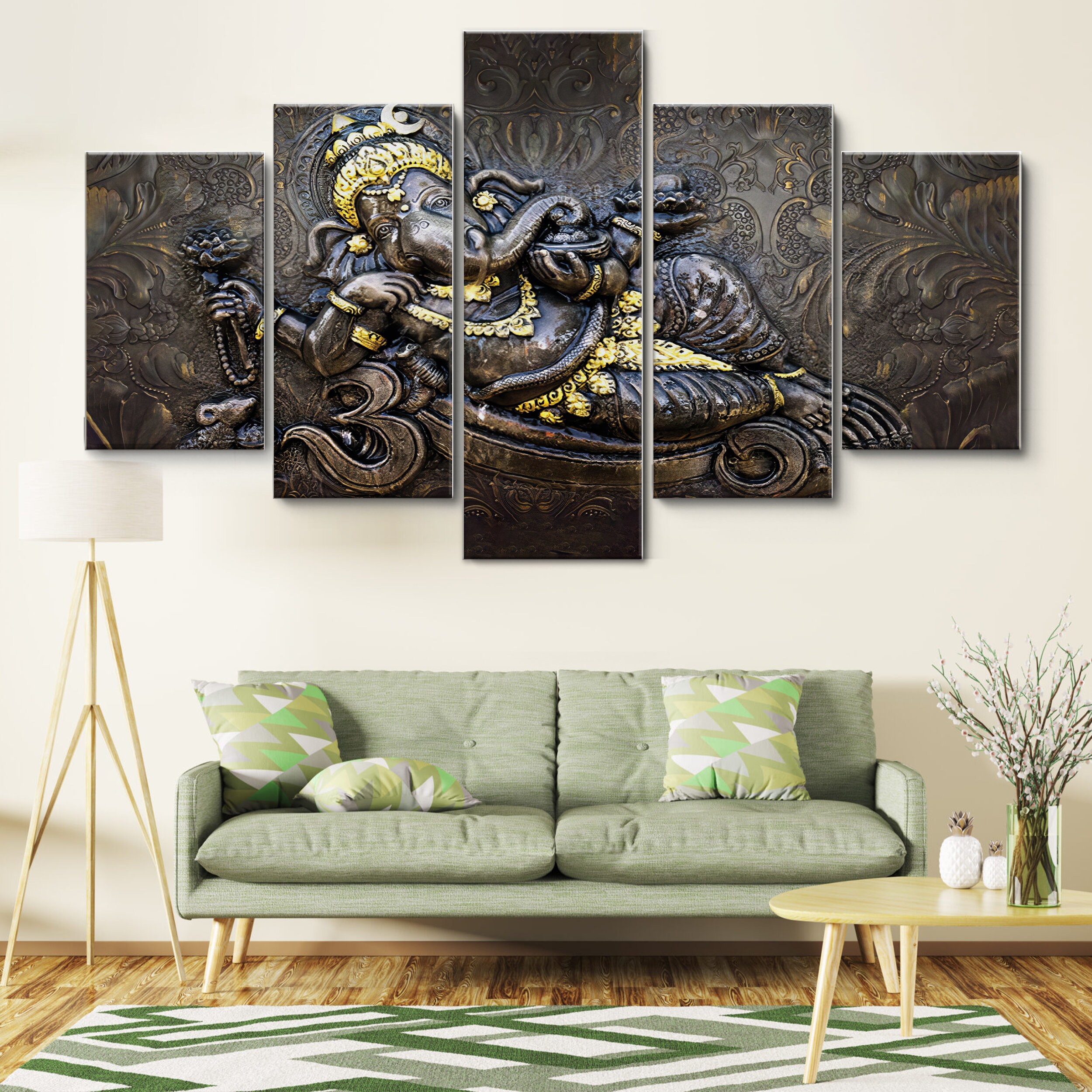 Ganesh Hindu Lord 5 Pieces Canvas Wall Art, Large Framed Canvas