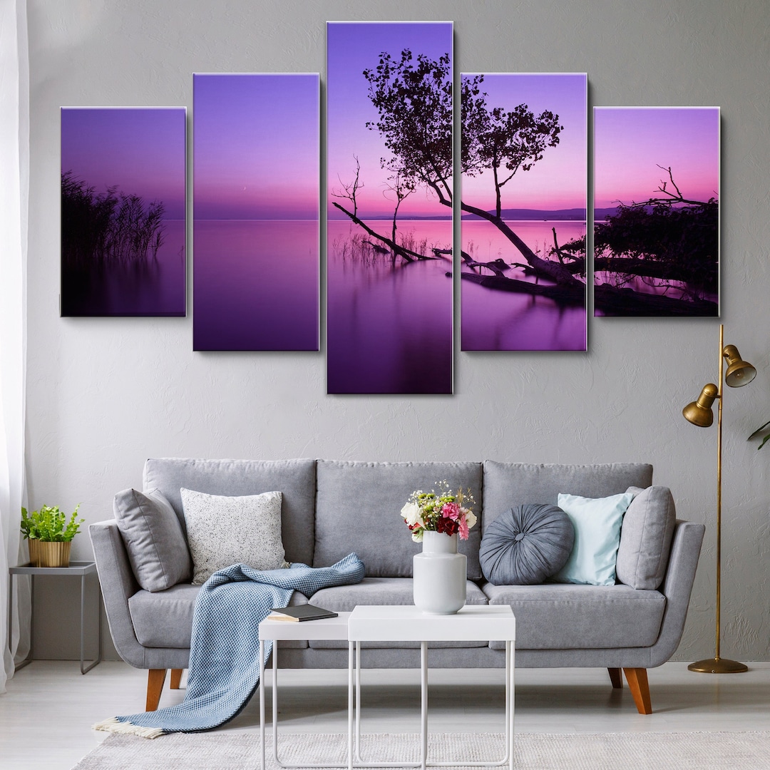 Mirror Lake Purple Sunrise 5 Piece Canvas Wall Art, Large Framed Wall ...