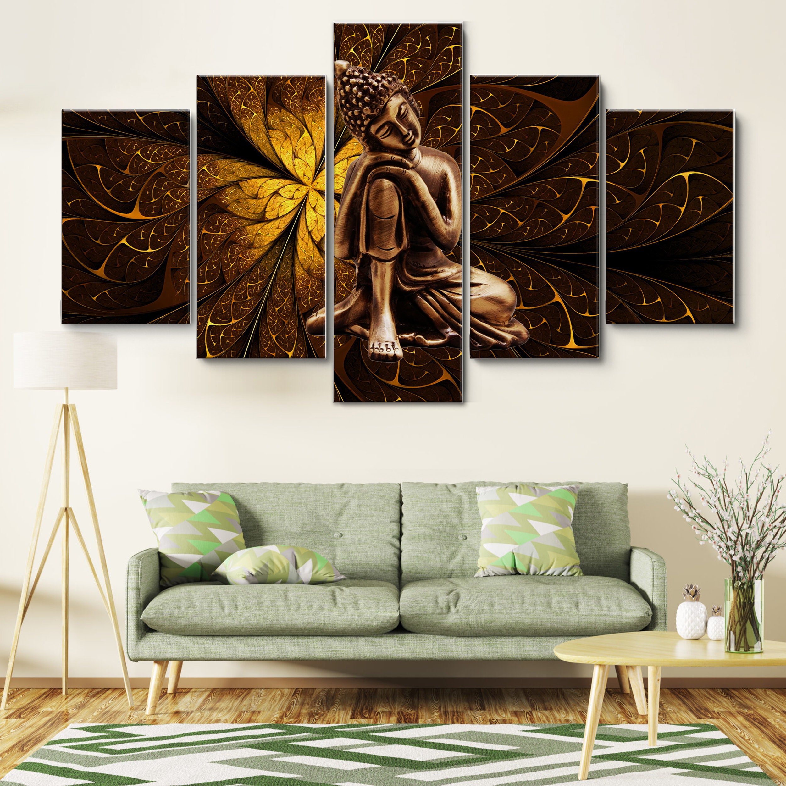Golden Buddha Statue 5 Pieces Canvas Wall Art, Large Framed Canvas Wall ...