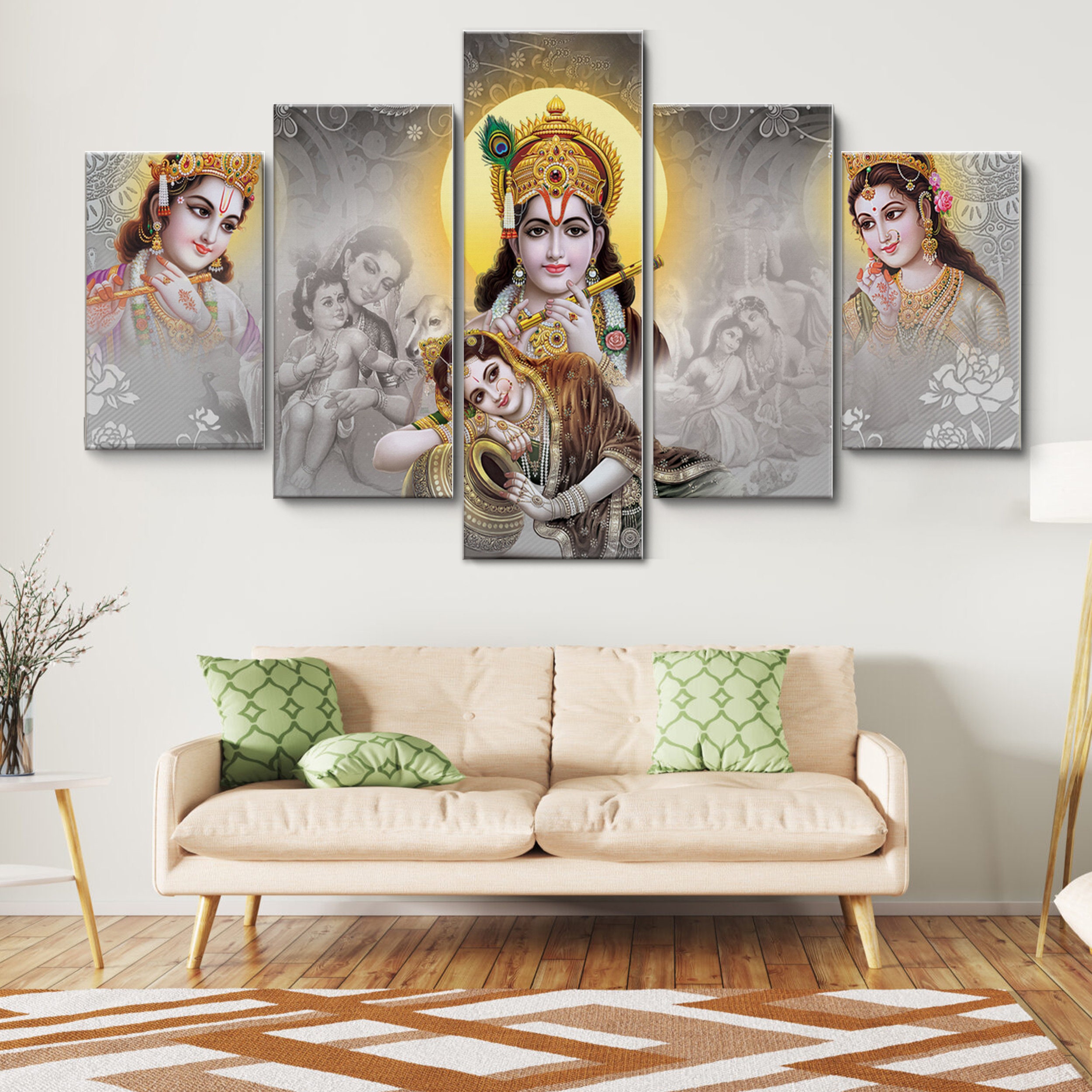 Radha Krishna Hindu God 5 Piece Canvas Wall Art, Large Framed 5 Pieces ...