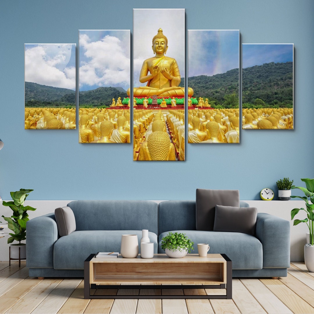 Buddha Golden Statue 5 Pieces Canvas Wall Art, Large Framed Canvas Wall ...