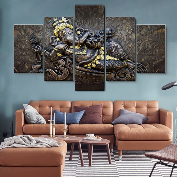 置物 5-piece Ganesha multi-panel canvas art. Ganesh Hindu Lord 5 Pieces Canvas Wall Art, Large Framed Canvas