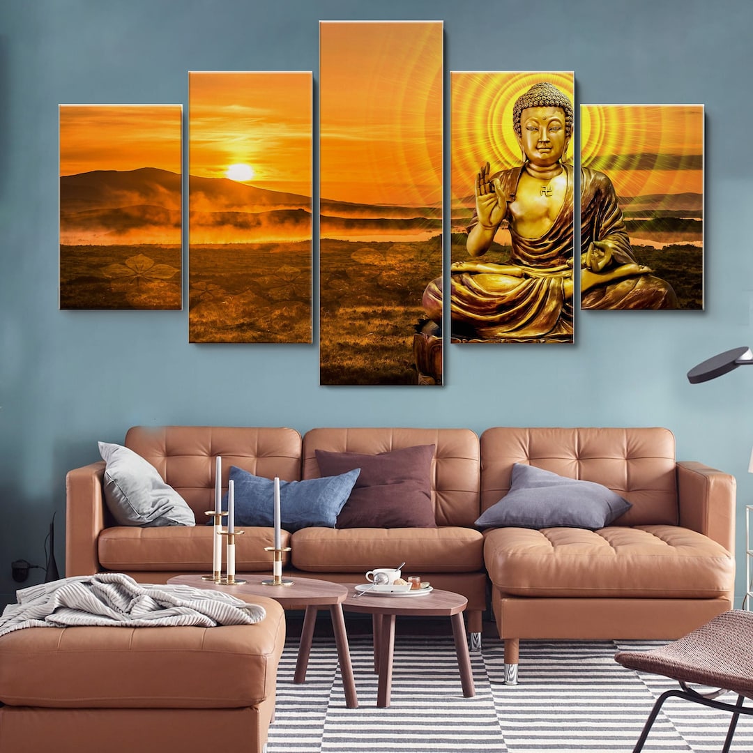 Gautama Buddha Twinkling 5 Pieces Canvas Wall Art, Large Framed Canvas ...