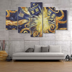 May include: A five-piece canvas print set featuring a blue police box, reminiscent of the TARDIS from Doctor Who, surrounded by swirling yellow and blue brushstrokes, resembling a starry night sky.