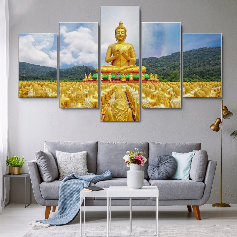 Buddha Golden Statue 5 Pieces Canvas Wall Art, Large Framed Canvas Wall ...