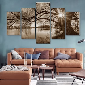 Vintage Brown Tree Nature Lake 5 Piece Canvas Wall Art, Large Framed Wall Art, Extra Large Framed Wall Art, Wall Art Framed Modern Abstract