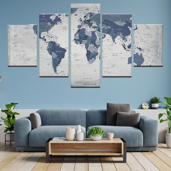 World Map in Blue 5 Pieces Canvas Wall Art Large Framed Wall Etsy