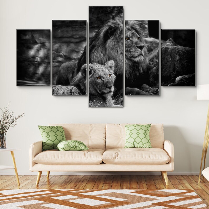 Black and White Lion & Lioness 5 Piece Canvas Wall Art Large Etsy