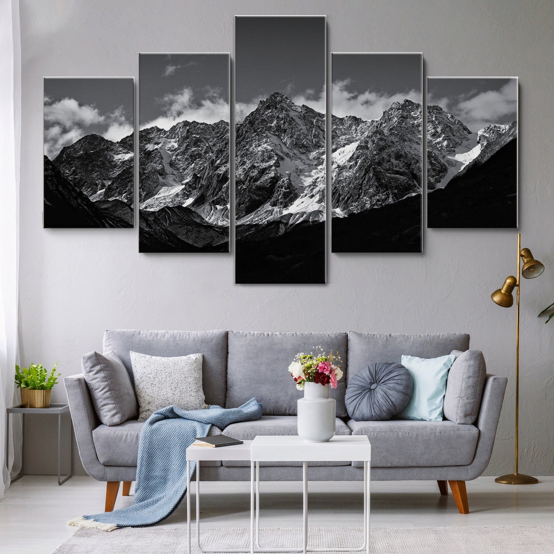 Black and White Landscape Rock Mountain 5 Piece Canvas Wall Art, Large ...
