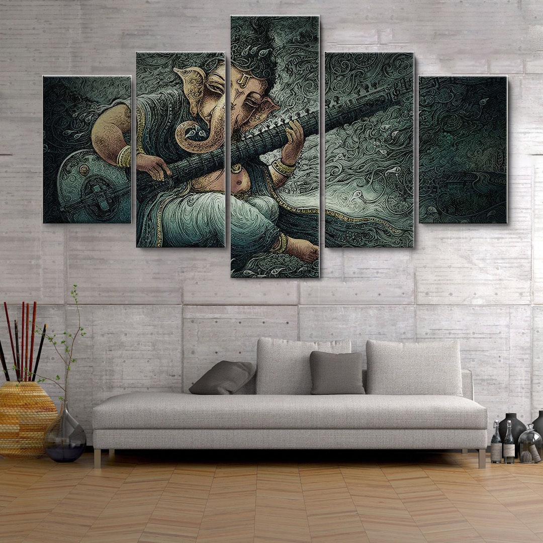 Lord Ganesha Play Bansuri, Ganpati 5 Pieces Canvas Wall Art, Large ...