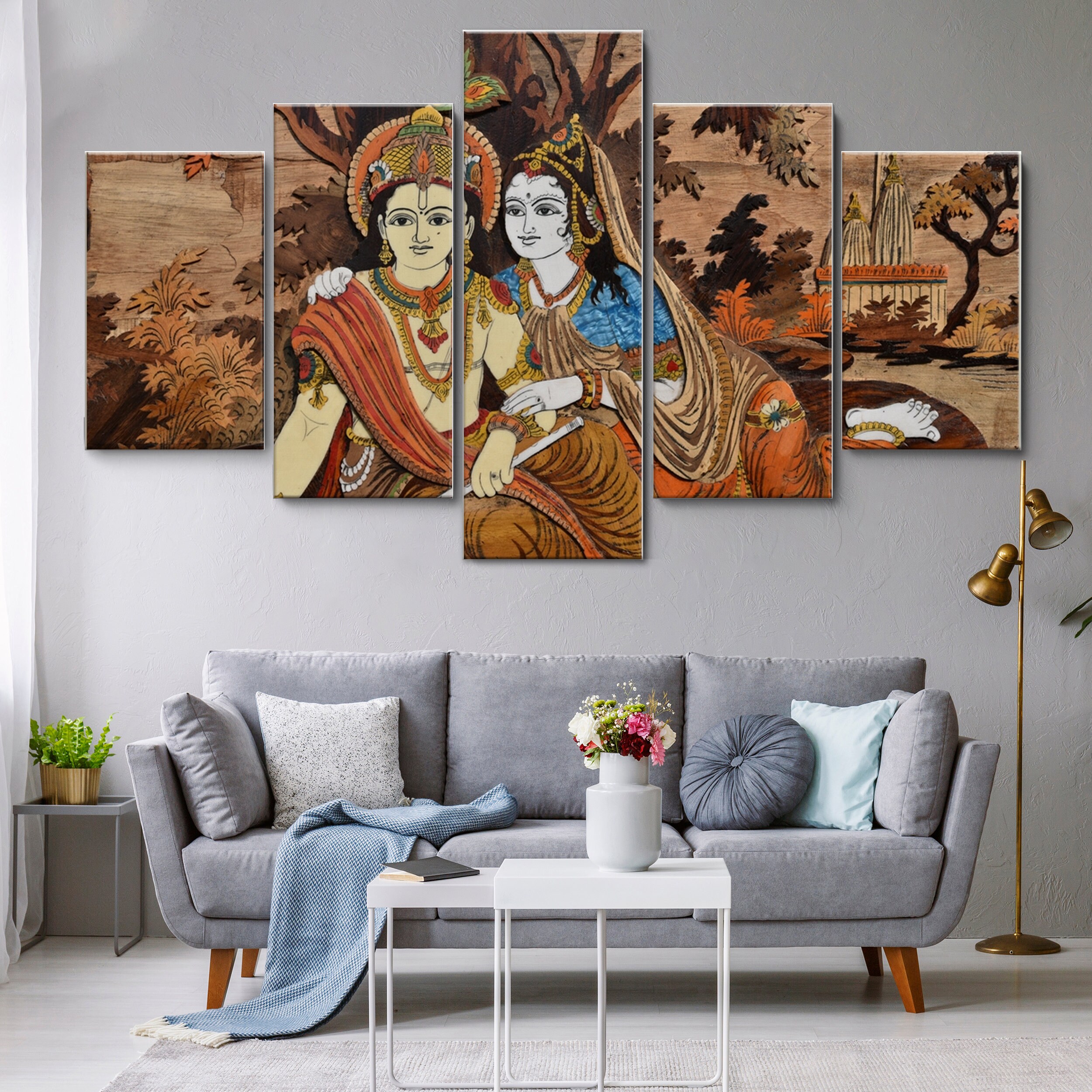 Krishna and Radha Hindu 5 Pieces Canvas Wall Art, Large Framed Canvas ...
