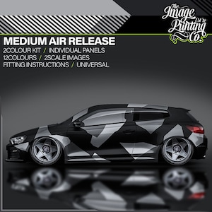May include: A black and white camouflage vinyl wrap kit for a car. The kit includes 2 colors, individual panels, 12 colors, 2 scale images, and fitting instructions. The kit is universal.