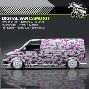 May include: A white van with a pink and gray digital camouflage wrap. The van has black wheels with silver rims. The text "THE IMAGE" is visible on the side of the van. The text "DIGITAL VAN CAMO KIT" is at the top of the image.