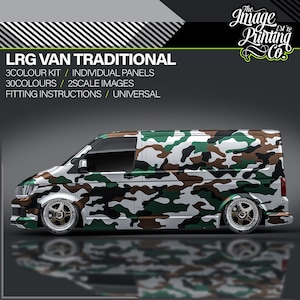 May include: A white van with a camouflage wrap in shades of green, brown, and black. The van has the text "LRG VAN TRADITIONAL" in black lettering on the side. The text "3COLOUR KIT / INDIVIDUAL PANELS" is also on the side of the van. The text "30COLOURS / 2SCALE IMAGES" is also on the side of the van. The text "FITTING INSTRUCTIONS / UNIVERSAL" is also on the side of the van. The text "The Image Printing Co." is on the top right corner of the image.
