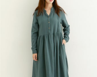 Clearance Spring Thicker Cotton Dress Casual Loose Soft Dresses Long sleeves Midi Dress