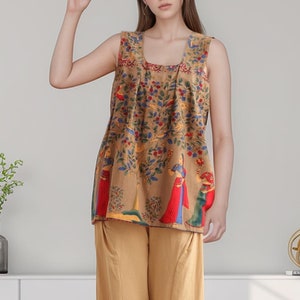 Blusa de verano para mujer, blusa de algodón, blusa sin mangas estampada, blusa holgada, blusas personalizadas, blusas de talla grande, blusas de lino