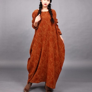 Winter Dress Heavier Jacquard Fabric Maxi Dress Fall Dress Warm Dress Thicker Cotton Dress Long Sleeves Dress XS to 6XL ( Custom Plus Size)
