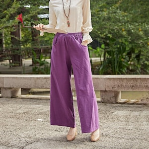 Elastische taille broek wijde pijpen Katoenen losse broek Custom Plus-broek linnen broek zijzakken met zakken lente broek Zomer midi-broek zachte homewear