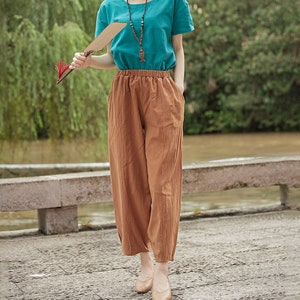 Pantalones de algodón con cintura elástica, pantalones largos holgados, pantalones de lino personalizados, bolsillos laterales, pantalones largos de primavera, pantalones largos de verano, ropa de hogar suave
