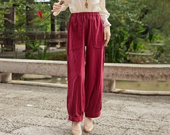 Pantalones de algodón con cintura elástica, pantalones largos holgados, pantalones de lino personalizados, bolsillos laterales, pantalones largos de primavera, pantalones largos de verano, ropa de hogar suave
