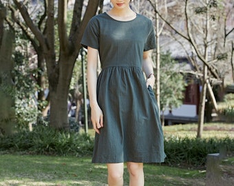 Women Summer Cotton Dress Short Sleeves Dress Knee Dress Pockets Dress Customized Plus Dress Casual Loose Ties Tunics Dress