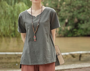 Blusa de algodão para o verão, mangas curtas, tops casuais e soltos, camisetas de linho, blusas plus size para a primavera, tops boho, roupas plus size personalizadas.