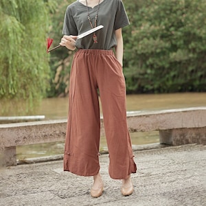 Elastische taille broek wijde pijpen Katoenen losse broek Custom Plus-broek linnen broek zijzakken met zakken lente broek Zomer midi-broek zachte homewear