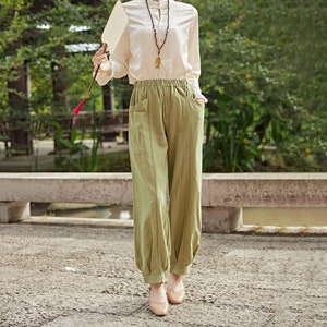 Pantalones de algodón con cintura elástica, pantalones largos holgados, pantalones de lino personalizados, bolsillos laterales, pantalones largos de primavera, pantalones largos de verano, ropa de hogar suave