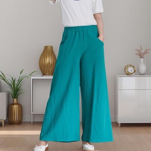 Elastische taille broek wijde pijpen Katoenen losse broek Custom Plus-broek linnen broek zijzakken met zakken lente broek Zomer midi-broek zachte homewear