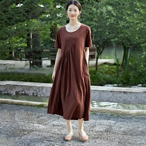 Women Summer Dress Cotton Dress Customized Dress Short Sleeves Dress Midi Dress Plus Size Dress Soft Dress Linen Loose Dress Tunics