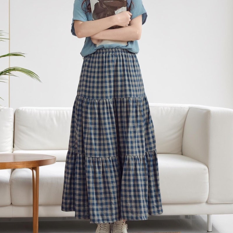 Long sleeve square neck self tie plaid maxi skirt set