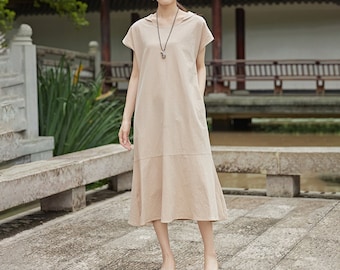 Women Summer Dress Cotton Dress Customized Dress Short Sleeves Dress Midi Dress Plus Size Dress Soft Dress Casual Loose Loose Dress Tunics