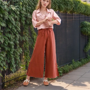 Elastische taille broek wijde pijpen Katoenen losse broek Custom Plus-broek linnen broek zijzakken met zakken lente broek Zomer midi-broek zachte homewear