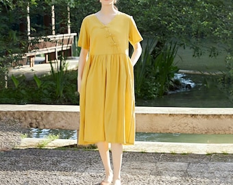 Women Summer Cotton Dress Customized Dress Short sleeves Dress Drawstring Dress V-neck Dress Casual Loose