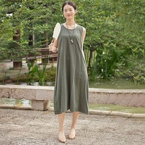 Vestido de verano Vestido de algodón Vestido sin mangas Vestido midi Ropa personalizada de talla grande Vestido camisero de lino Túnicas Vestido de verano suelto Ropa suave para el hogar