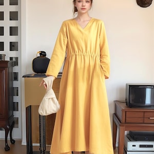 Winter Dress Heavier Fabric Dress Fall Dress Warm Dress Thicker Cotton Dress Long Sleeves Outwear Dress Size XS to 6XL ( Custom Plus Size)