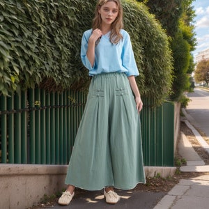 Elastische taille broek wijde pijpen Katoenen losse broek Custom Plus-broek linnen broek zijzakken met zakken lente broek Zomer midi-broek zachte homewear
