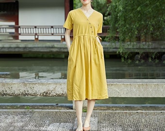 Women Summer Cotton Dress V-neck Dress Customized Dress Short-sleeves Dress Drawstring Dress Casual Loose