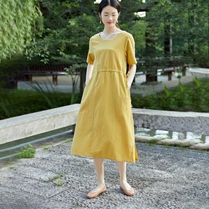 Women Summer Dress Cotton Dress Customized Dress Short Sleeves Dress Midi Dress Plus Size Dress Soft Dress Linen Loose Dress Tunics