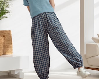 Summer Plaid Pant Organic Cotton Pant Elastic Waist Wide Leg Pant Gauze Muslin Pant Loose pockets trousers Soft Homewear Tailored Plus Pant