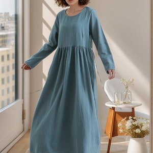 Long Sleeves Dress Cotton Dress Maxi Dress Customized Dress Pockets Dress Plus Dress Linen Spring Fall Dress Casual Loose Soft Robes Tunics