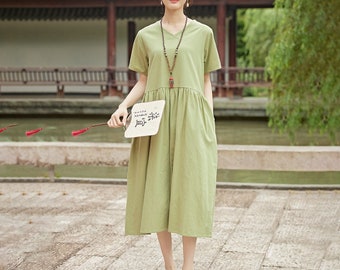 Women Summer Cotton Dress V-neck Dress Customized Dress Short-sleeves Dress Midi Dress Casual Loose