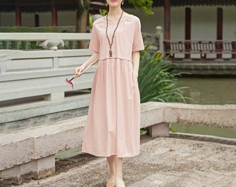 Women Summer Dress Cotton Dress Customized Dress Short Sleeves Dress Midi Dress Plus Size Dress Soft Dress Casual Loose Loose Dress Tunics