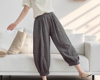 Organic Cotton Gauze Cropped Elastic Waist Wide Leg Pant Plaid Muslin Pant Loose Pant Custom Plus Pant pockets trousers Summer Soft Homewear