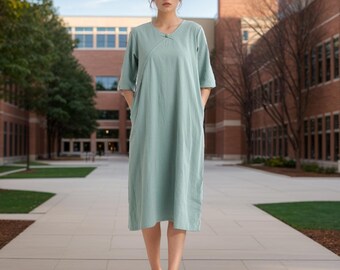 Women Summer Dress Cotton Dress Casual Loose Half Sleeves Midi Dress Custom Plus Size Dress Loose V-neck Dress Soft Loungewear Homewear