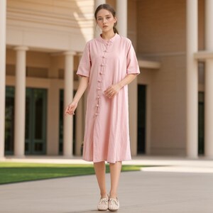 Women Summer Dress Cotton Dress Casual Loose Half Sleeves Midi Dress Custom Plus Size Dress Linen A-line Dress Soft Loungewear Homewear