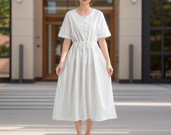 Women Summer Dress Cotton Dress Casual Loose Half Sleeves Midi Dress Custom Plus Size Dress Loose V-neck Dress Soft Loungewear Homewear