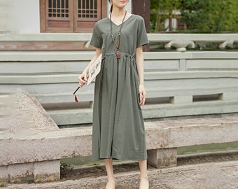 Women Summer Cotton Dress V-neck Dress Customized Dress Short-sleeves Dress Midi Dress Casual Loose